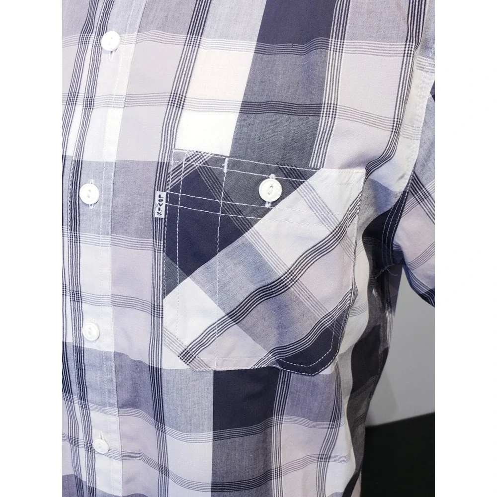 Levi Strauss Men's Medium Plaid Button Down Short Sleeve Shirt Black Gray White‎